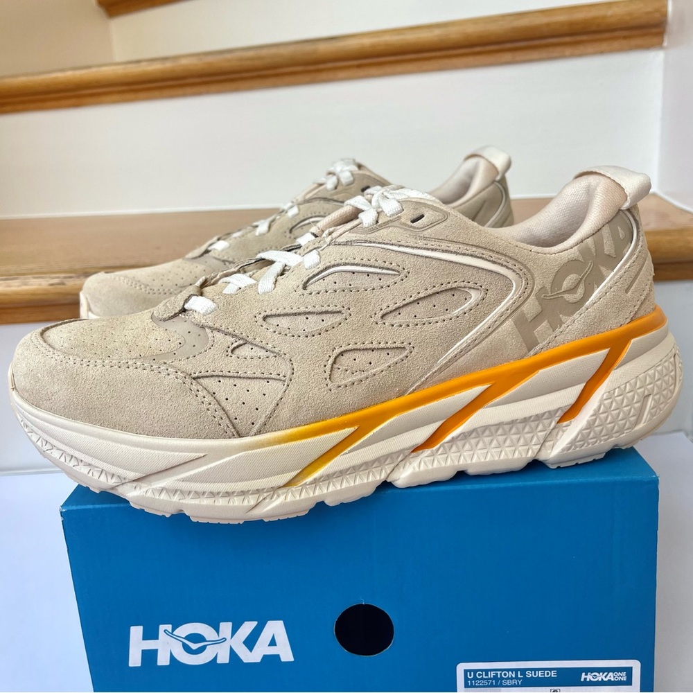 NWT Clifton L Suede Unisex NEW Leather Athletic Shoes tan shortbread beige gold
